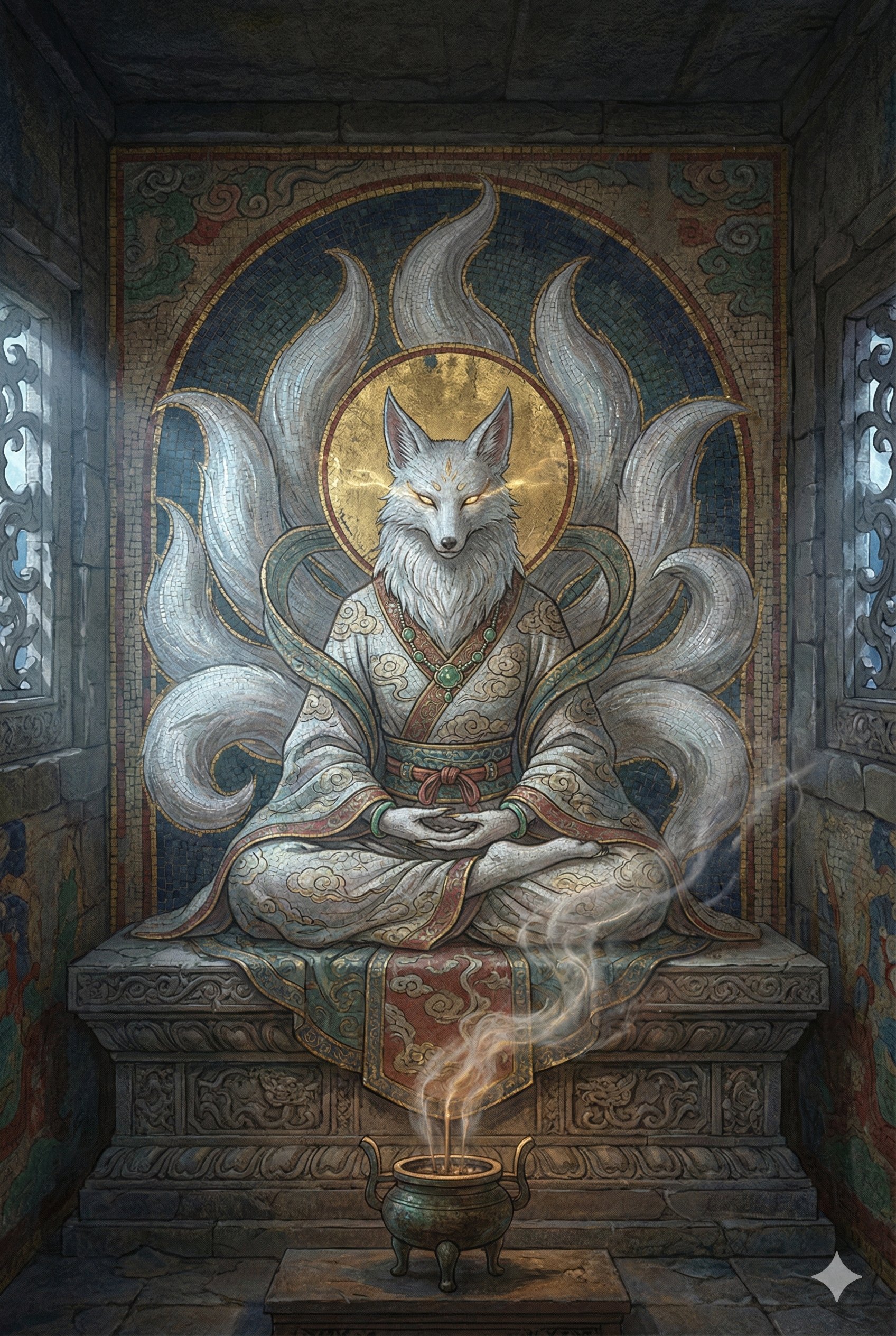 Generate a vertical 2:3 image of a majestic nine-tailed whit