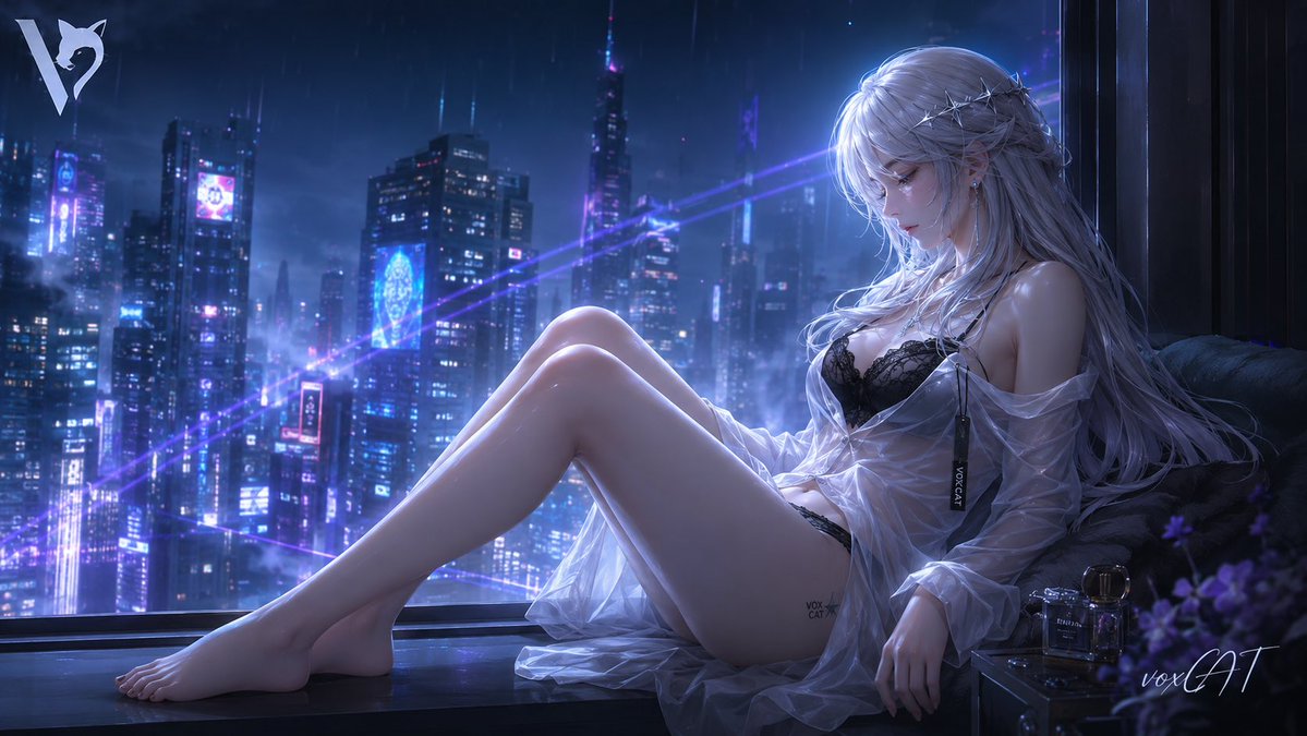 成年银白长发女性,3D二次元半写实游戏CG风,坐在高层公寓落地窗边,身体位于画面右侧,侧身后靠,双腿弯曲向左前方延伸,赤