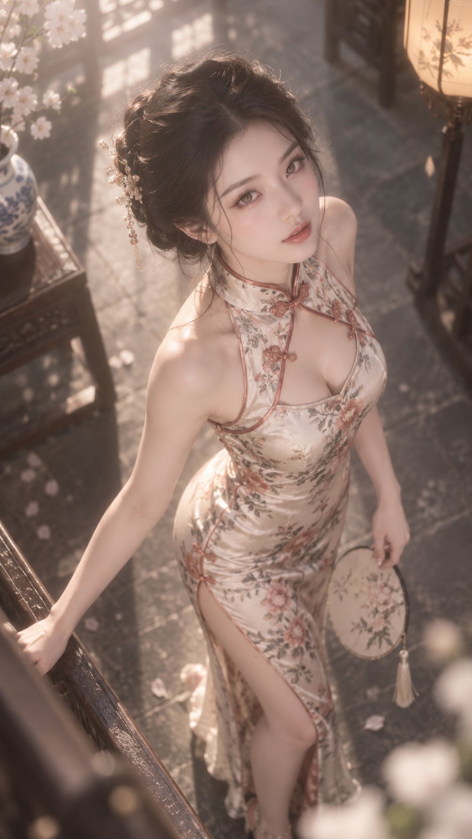9:16, wearing a qipao, soft light bloom, dreamy blur, high-a