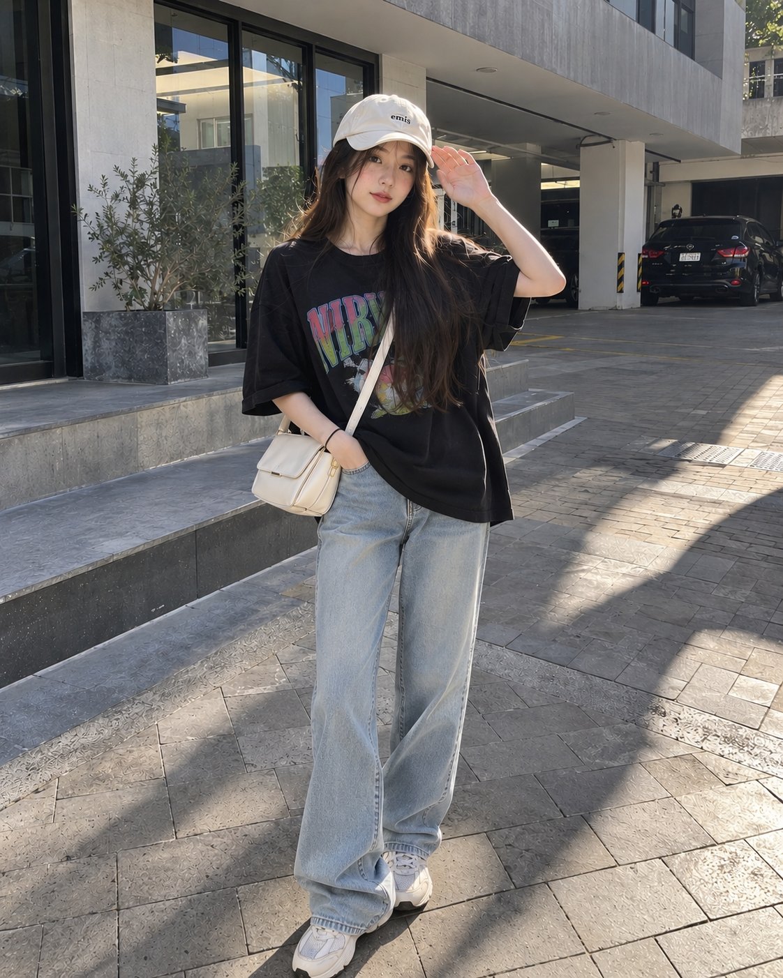 A photorealistic full-body street-style portrait of a young