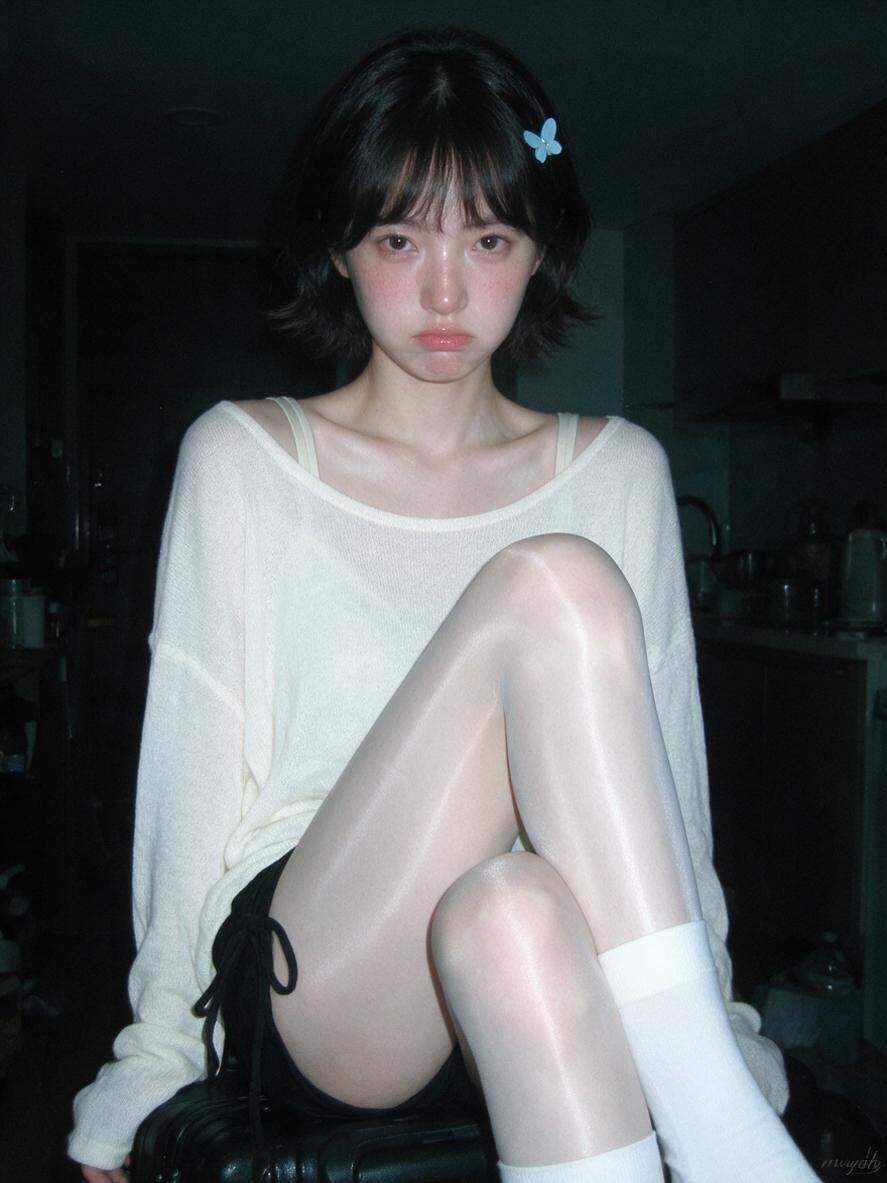室内日常照，影视定格帧，真实摄影，成年东方女性，黑色短发微外翘，空气刘海，浅蓝色蝴蝶发夹，直视镜头，安静微委屈、轻微噘嘴
