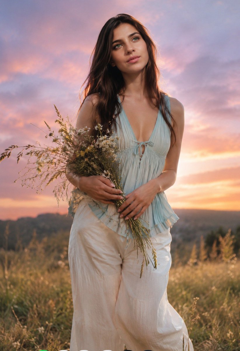 Ultra realistic cinematic sunset meadow portrait of [REFEREN