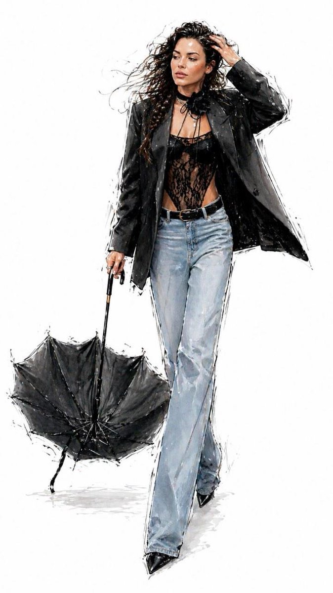 A fashionable full-body illustration of a woman with extreme