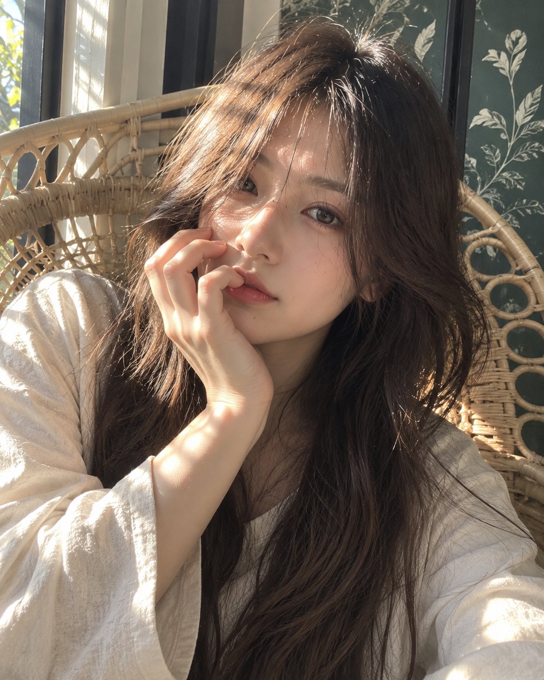 > A photorealistic close-up indoor portrait of a young woman