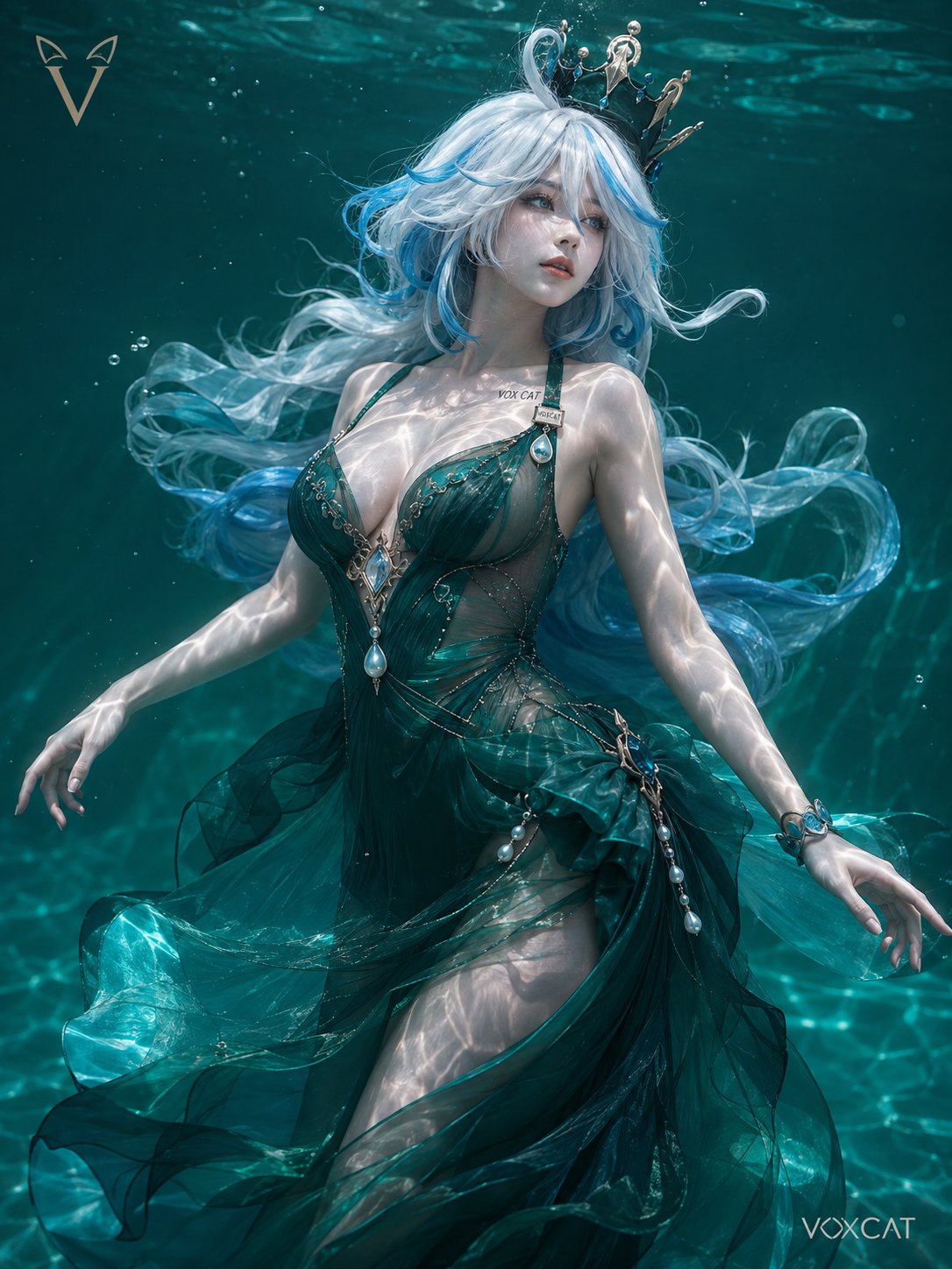 高级概念水下人像 × 翡翠色纯净水域 × 高定湿水薄纱 × 角色 Cosplay 重构。
