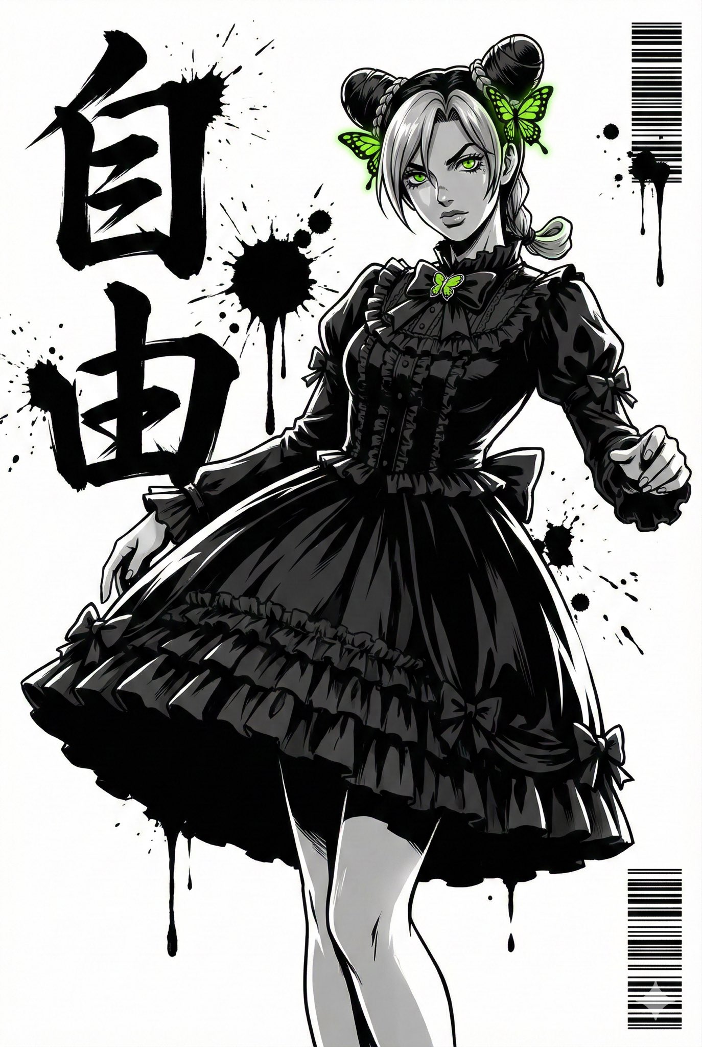 **High-contrast anime graphic illustration featuring [角色名]. 