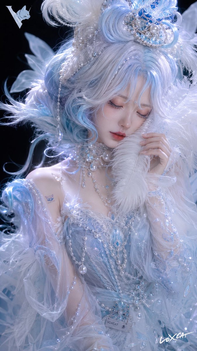 原创成年女性角色，真人 COS 写实摄影，冰雪神女与梦境人偶风格，柔和鹅蛋脸，小巧瓜子脸，冷白瓷肌，闭眼低头，嘴唇微微分