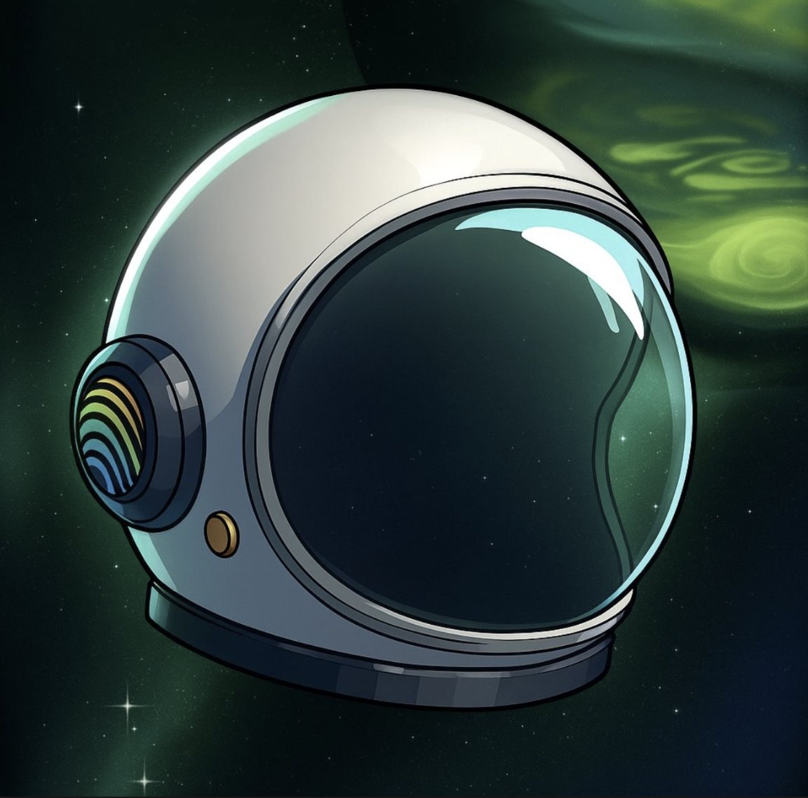 The first image wearing a sleek, round space helmet with a r