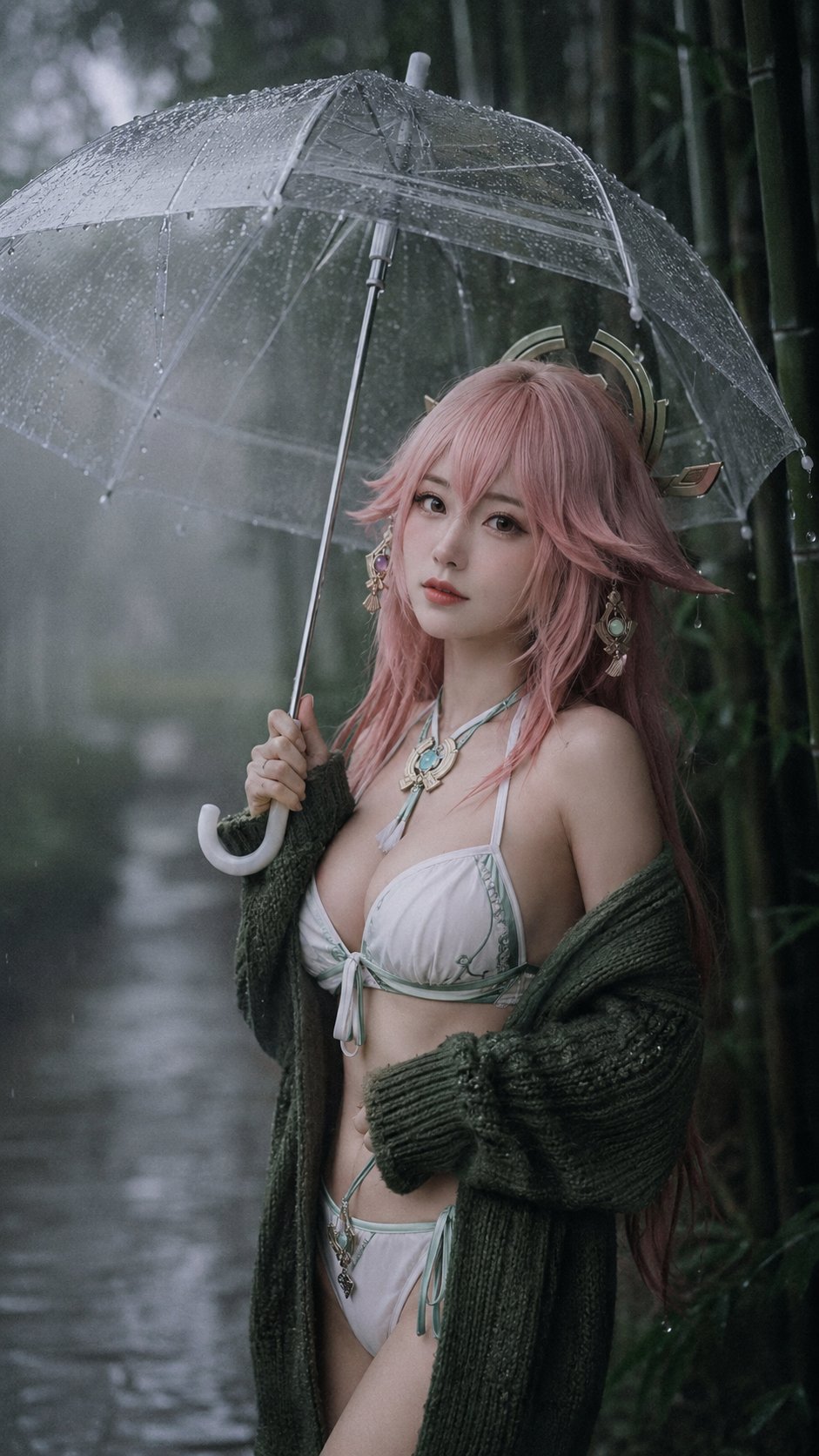 Atmospheric Japanese rainy day portrait, vintage 35mm film p