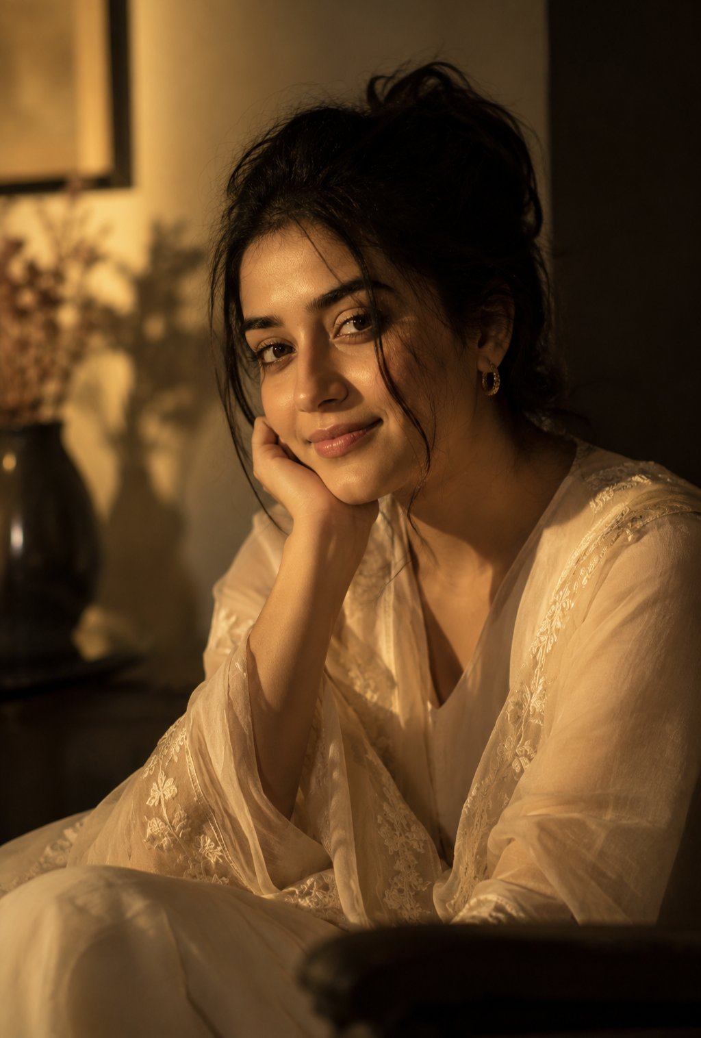 A warm, intimate portrait of a young woman sitting comfortab