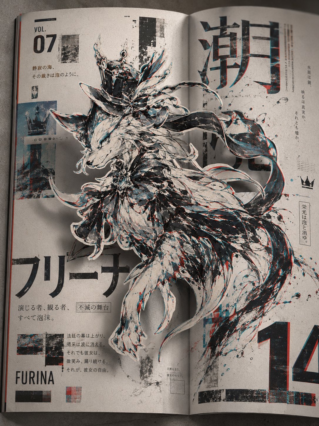 二维平面设计 × 三维空间摄影 × 2.5D纸上立体错觉，平面的实验杂志版式作为底层空间，二维手绘角色从纸面视觉脱离并形