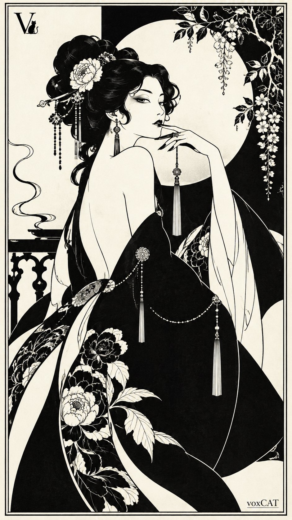 {角色}，Aubrey Beardsley 式黑白颓废主义插画 × Art Nouveau 新艺术装饰画 × 东方古典仕