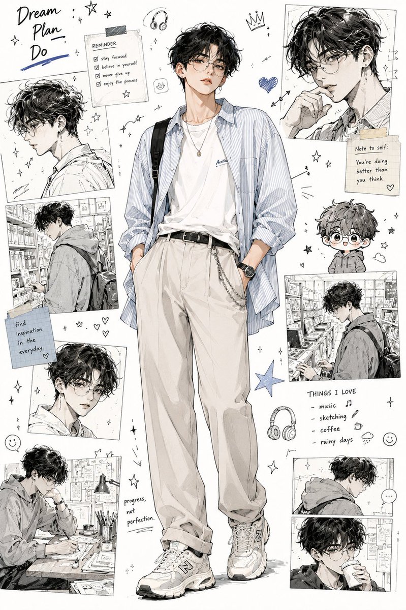 (Semi-realistic anime fashion moodboard), stylish young Kore