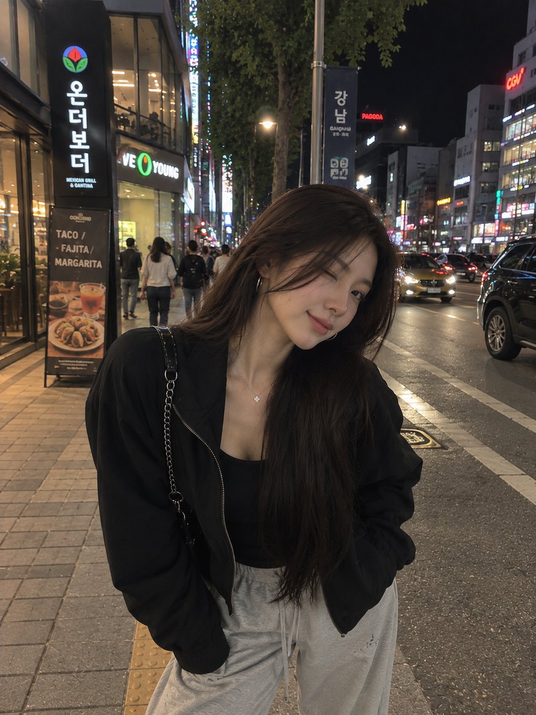 A photorealistic nighttime street-style portrait of a young