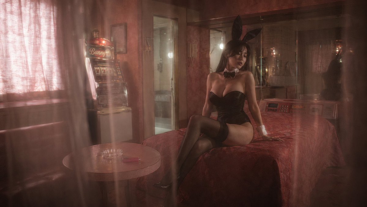 Cinematic retro motel photography, seductive noir atmosphere