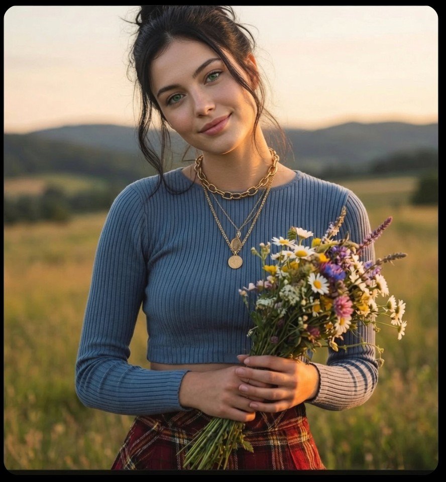 Ultra realistic cinematic sunset meadow portrait of [REFEREN