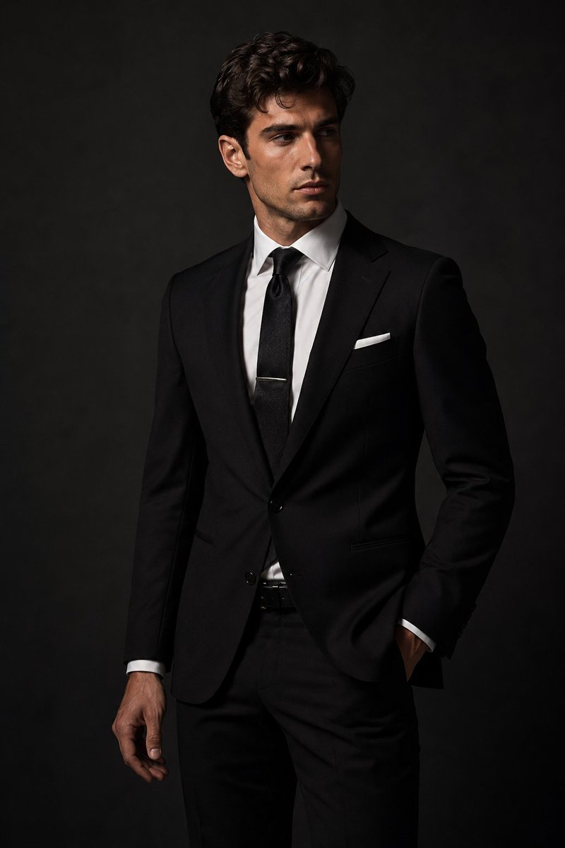 A handsome young European man in a high-end fashion studio p