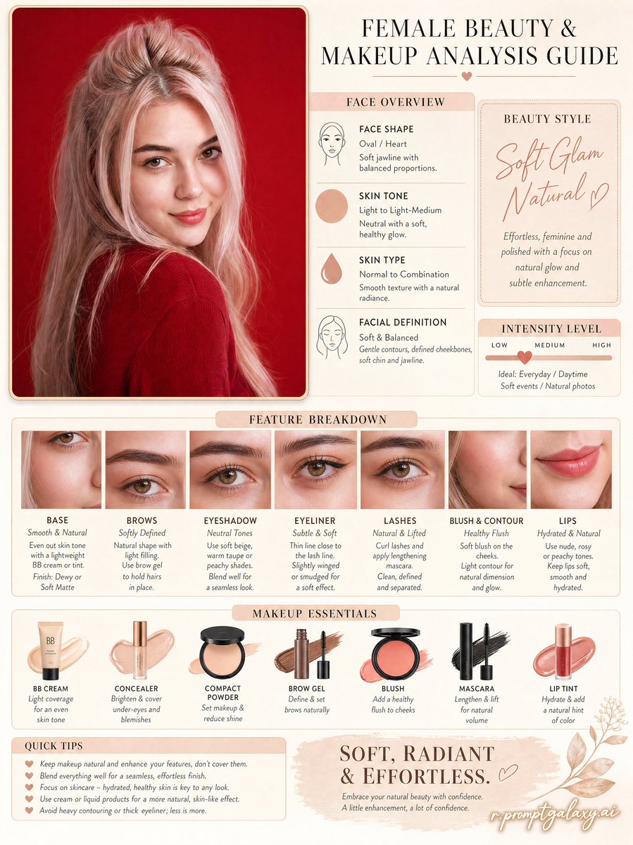 Create a high-quality "Female Beauty & Makeup Analysis Guide