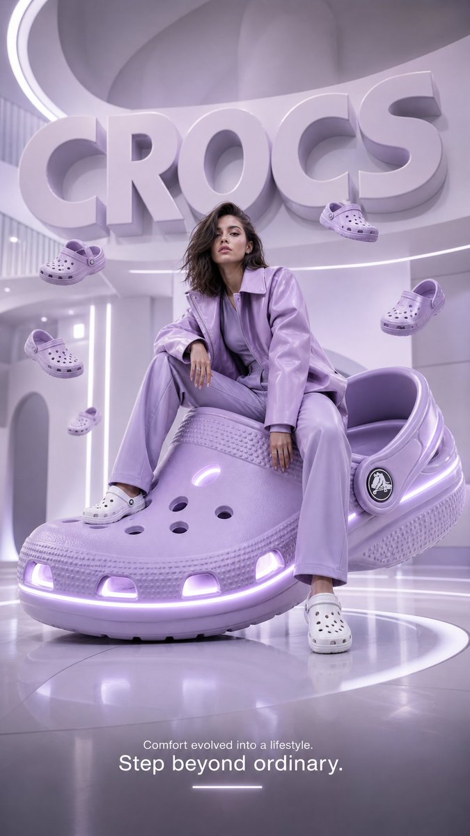 A futuristic high-fashion advertising poster for Crocs, blen