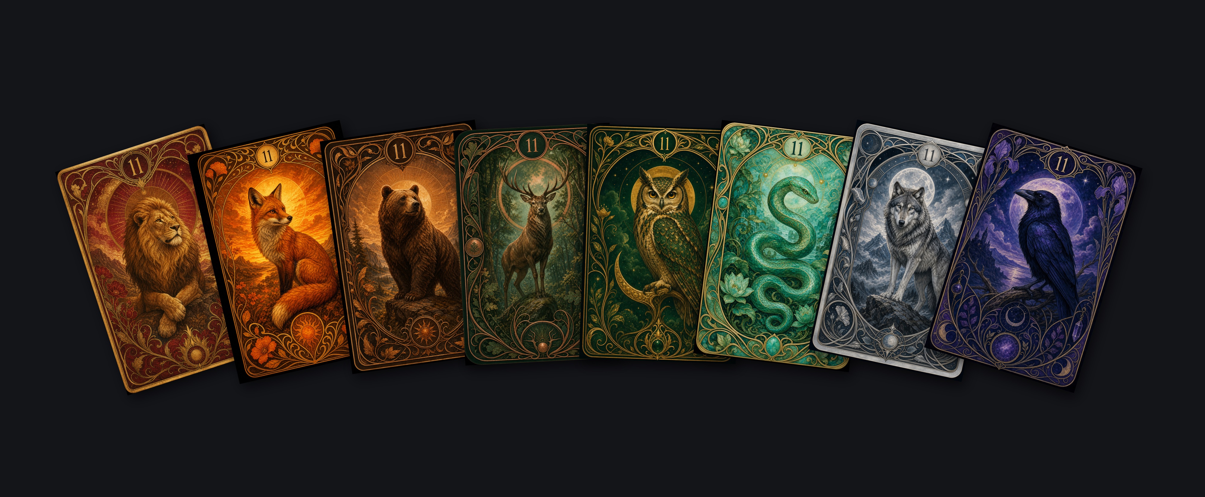 A tarot card. Numeral at the top: sum(3, 8). Central animal: