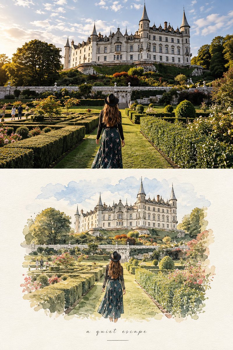 Create a refined editorial travel-art composition based on a