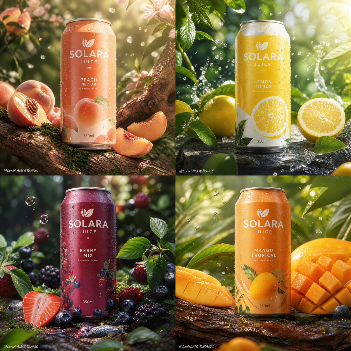 Create an ultra-premium 2x2 four-panel fruit-juice can campa