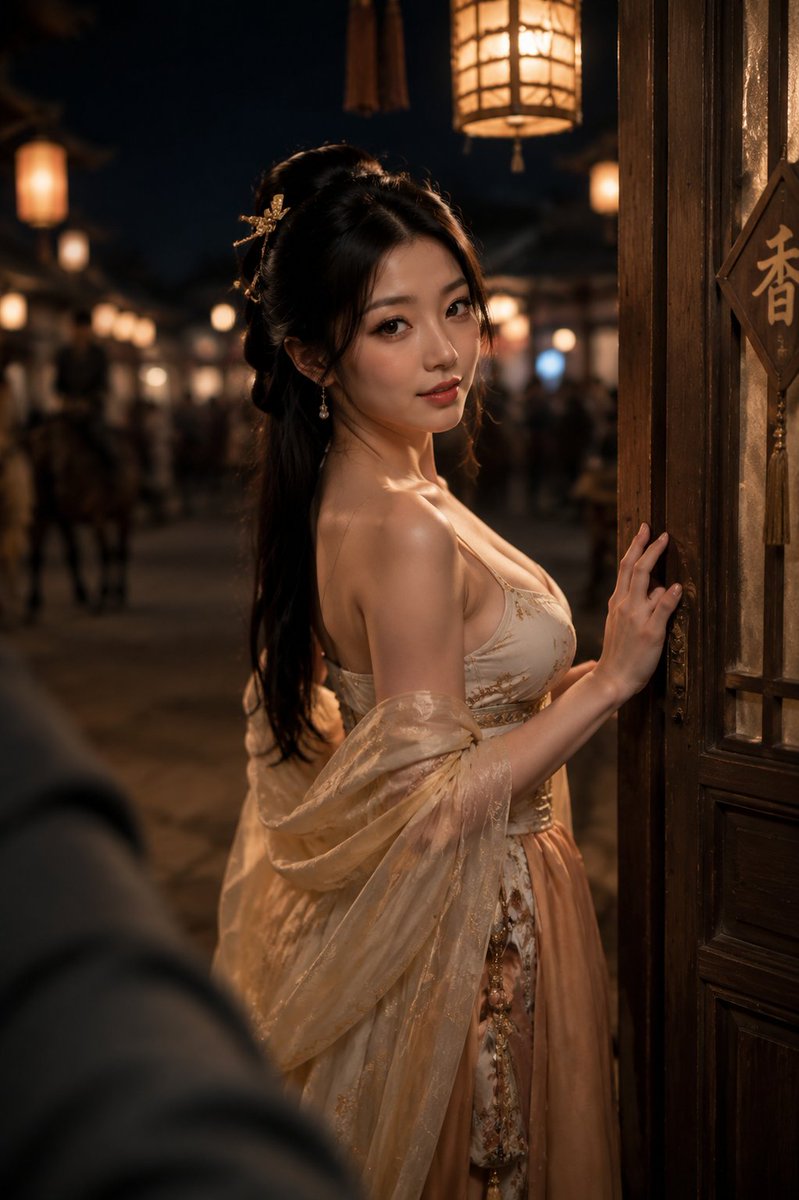 门扉半掩，灯笼暖住她回眸的侧脸。