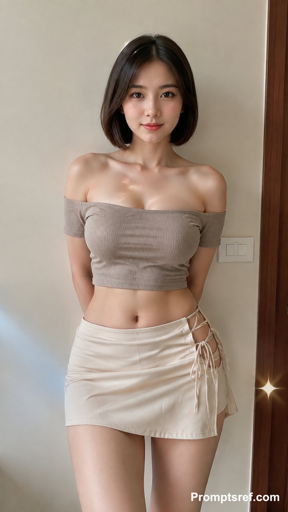 A vertical, realistic indoor portrait of a young adult woman
