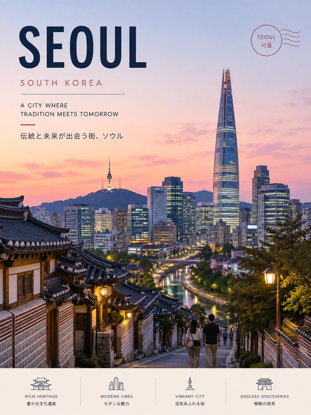 Premium minimalist Seoul travel poster, 3:4 vertical. Sophis