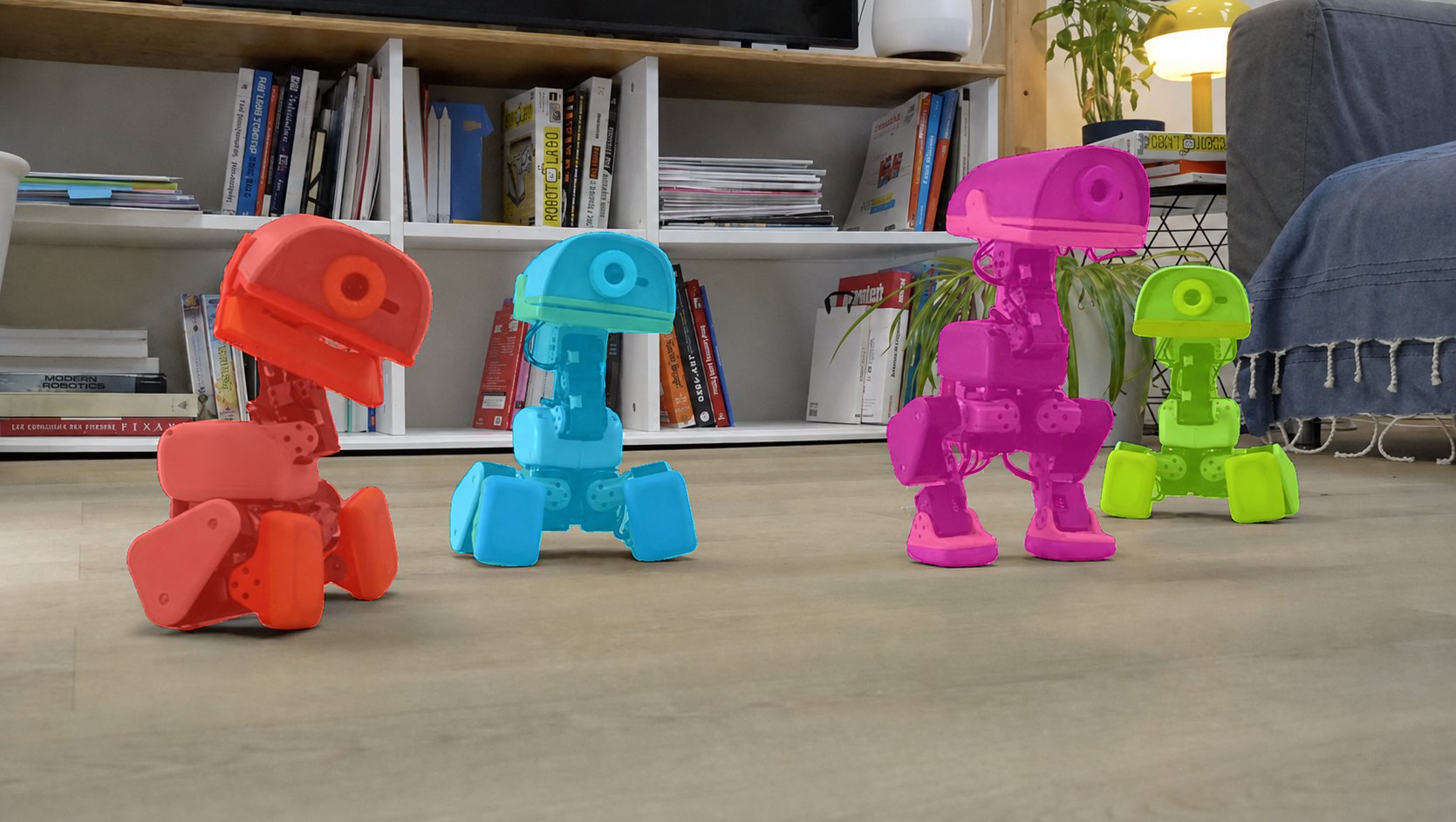 "Segment all microduck robots. I want a different colored ba