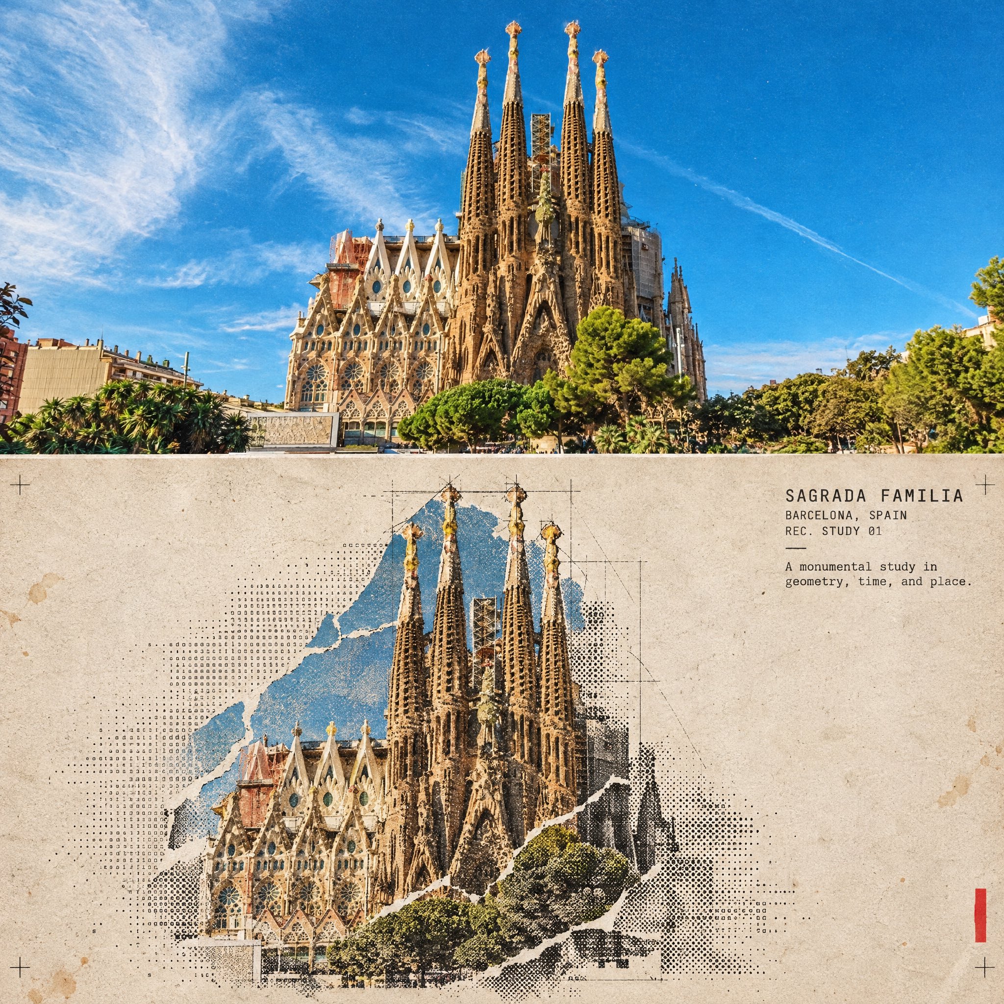Turn this structure photo into a single high-end halftone ar