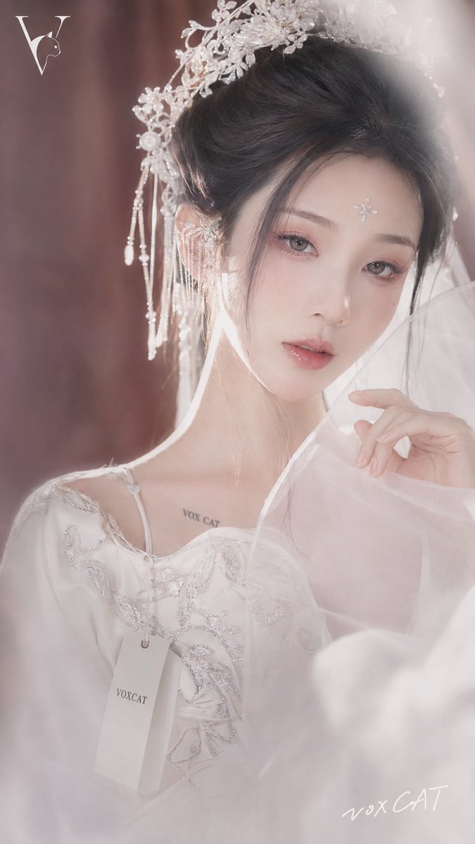 白衣与轻纱，把古典东方美人压进一层柔软的光里。银簪、花钿、胭脂与暗红木色之间，有一种很克制的清冷和圣洁感。