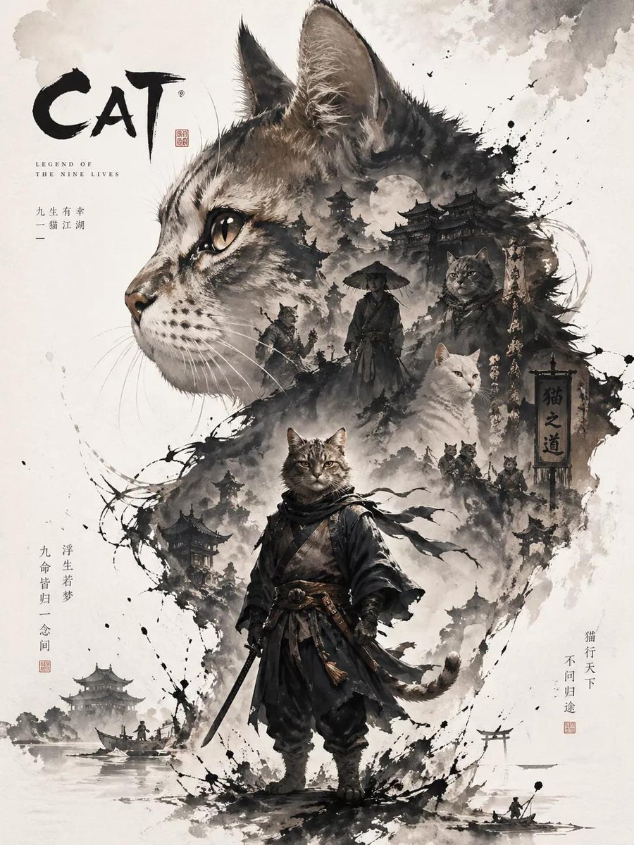 Generate a "cat" character promotional poster with a straigh