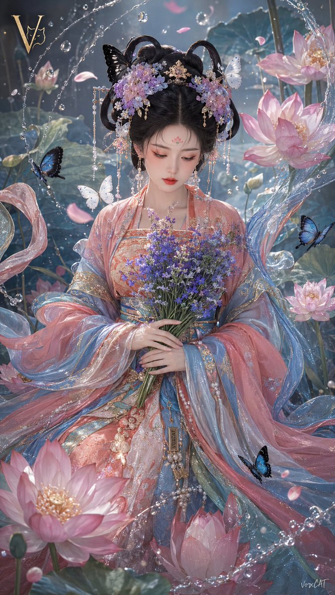 以【成年女性角色】为主体，创作一张盛唐花神幻想 × 汉服插画写真 × 蝴蝶荷花秘境的人像作品。
