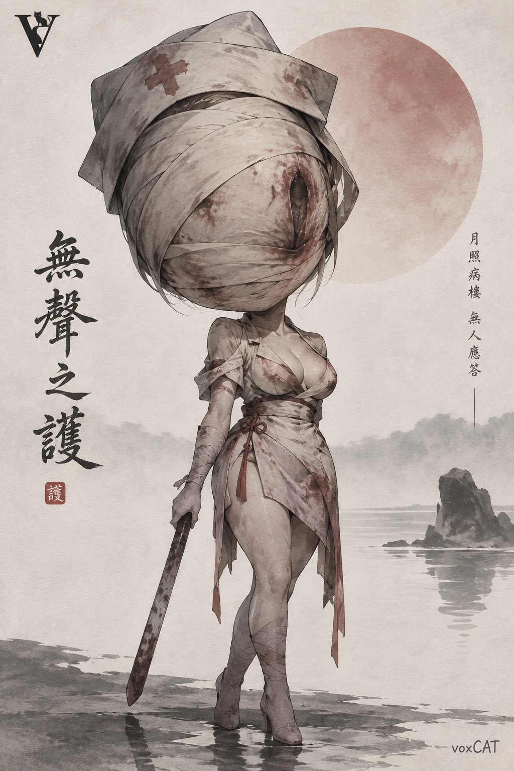 {角色},水墨质感 Chibi 同人插画海报,现代国风插画,单人物主视觉,Q版比例,头大身小,保留角色最核心的发型、发色