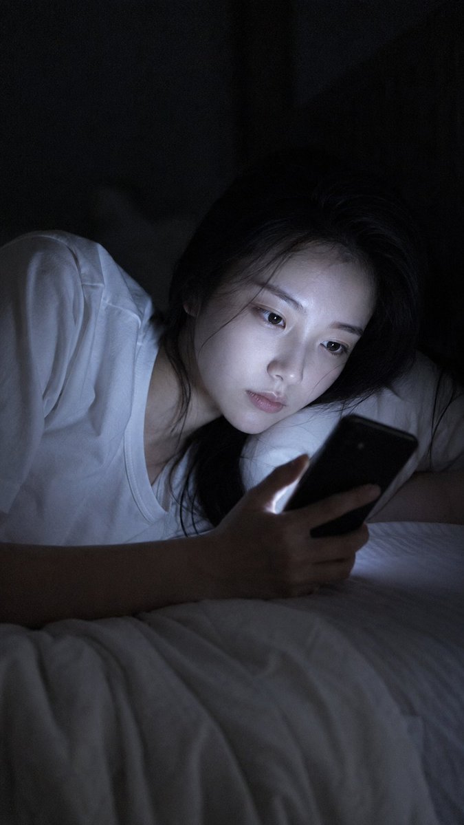 Close-up portrait, 85mm f/1.4, young East Asian woman lies o