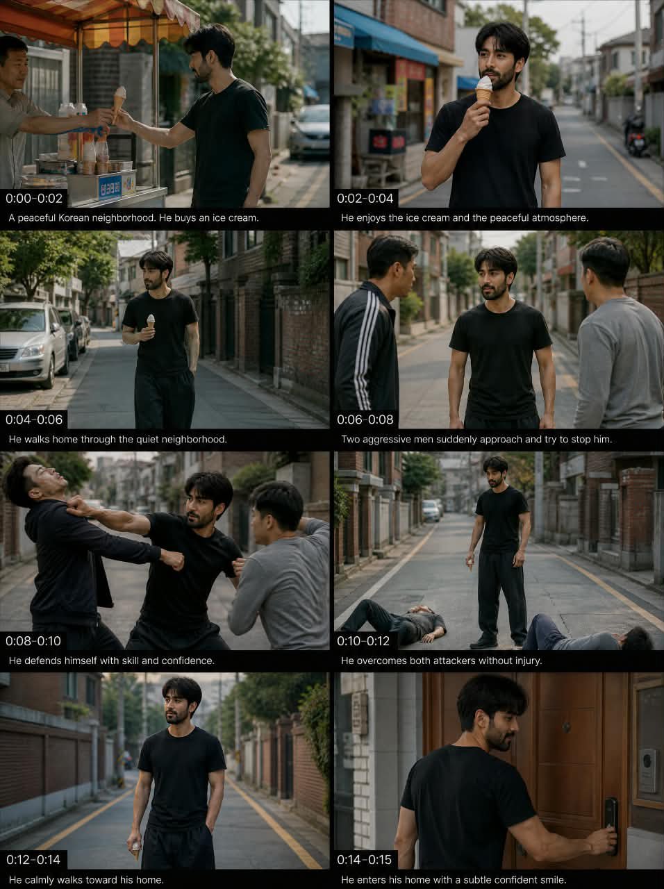 Create a detailed 15-second cinematic storyboard featuring t