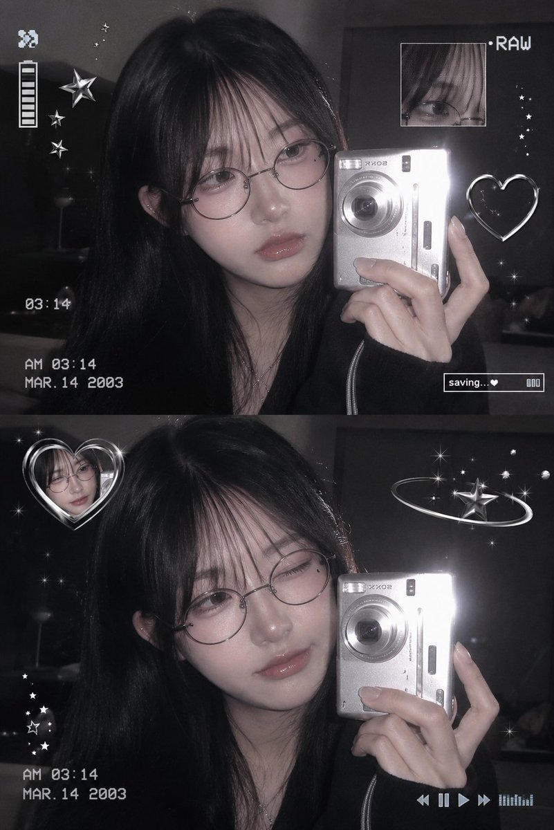 Aesthetic Y2K Korean girl mirror selfie, long silky black ha