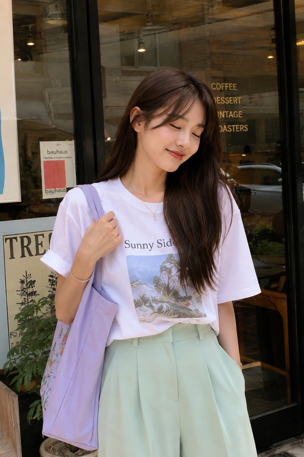 A candid full-body street-style photograph of a young woman