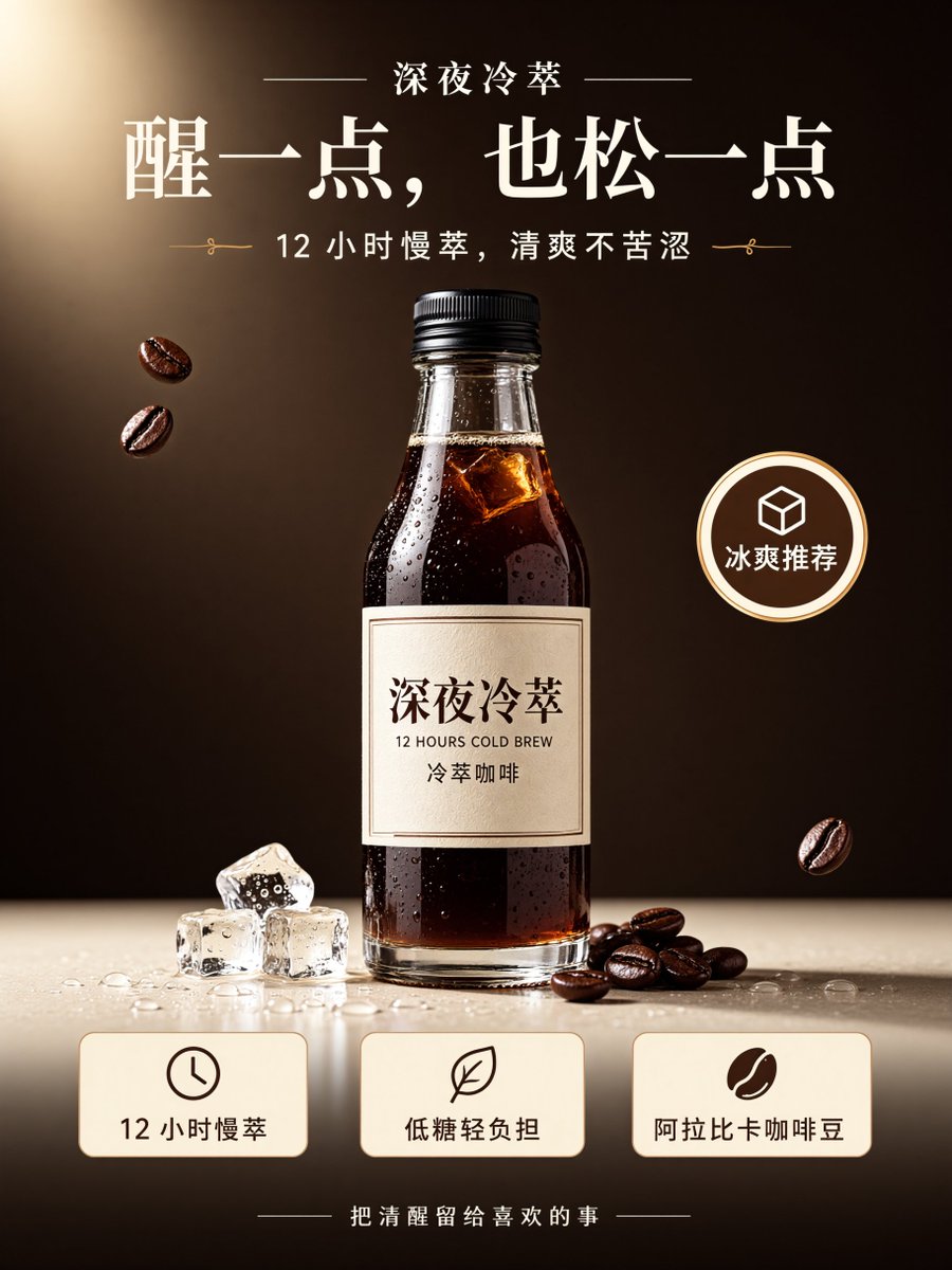 请设计一张精品冷萃咖啡产品宣传海报。 产品名称:深夜冷萃 主标题:醒一点,也松一点 副标题:12 小时慢萃,清爽不苦涩