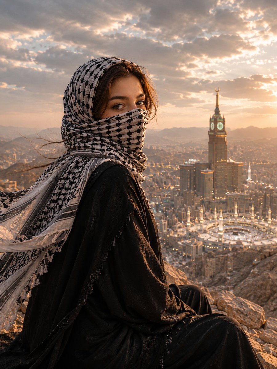 Cinematic portrait of a young Muslim woman standing on a mou