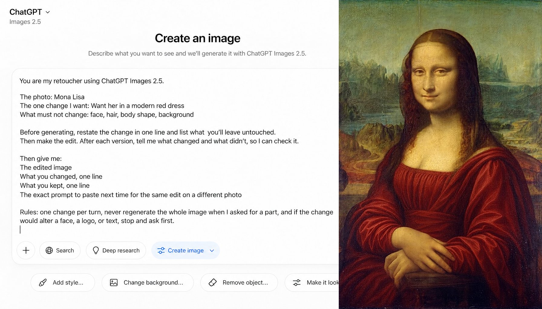"You are my retoucher using ChatGPT Images 2.5.