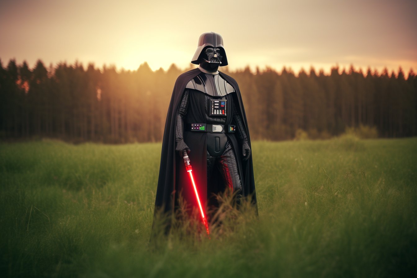 a photorealistic image of darth vader with red light saber i