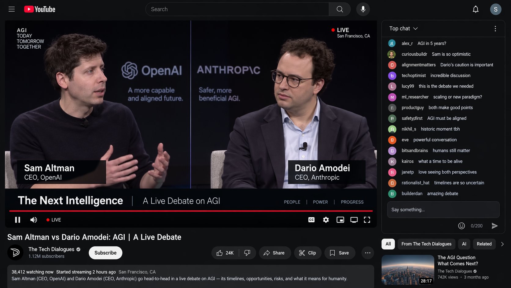 screenshot of sam vs dario live debate on youtube channel  w