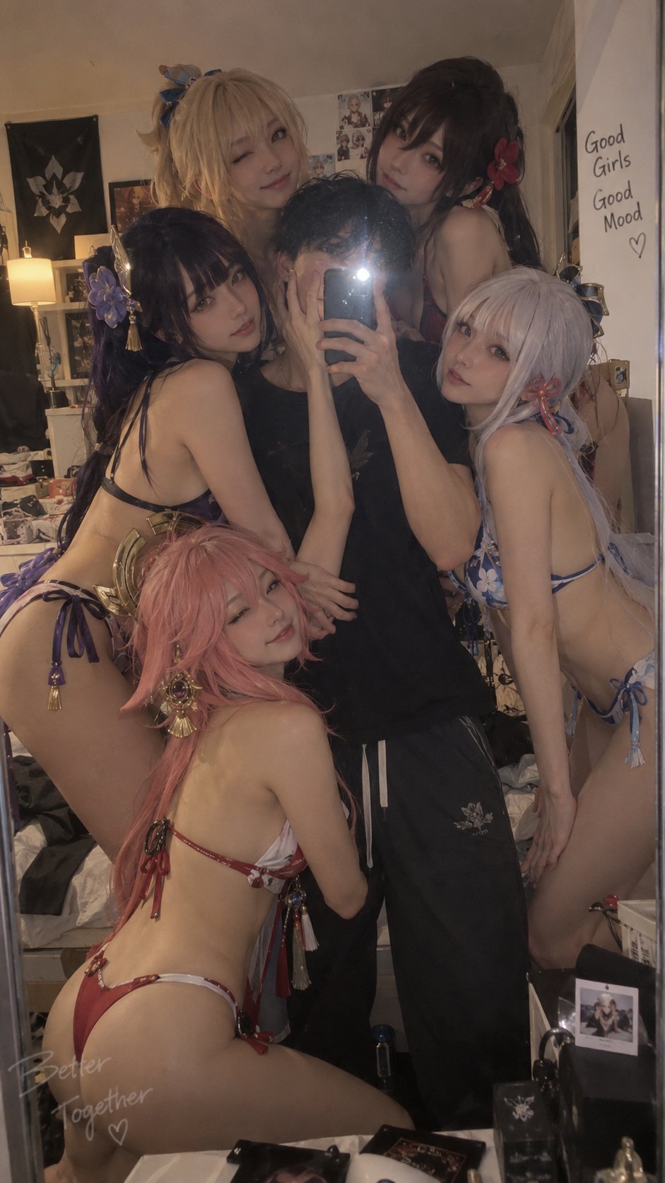 Holding a phone with the flash on, taking a mirror selfie in