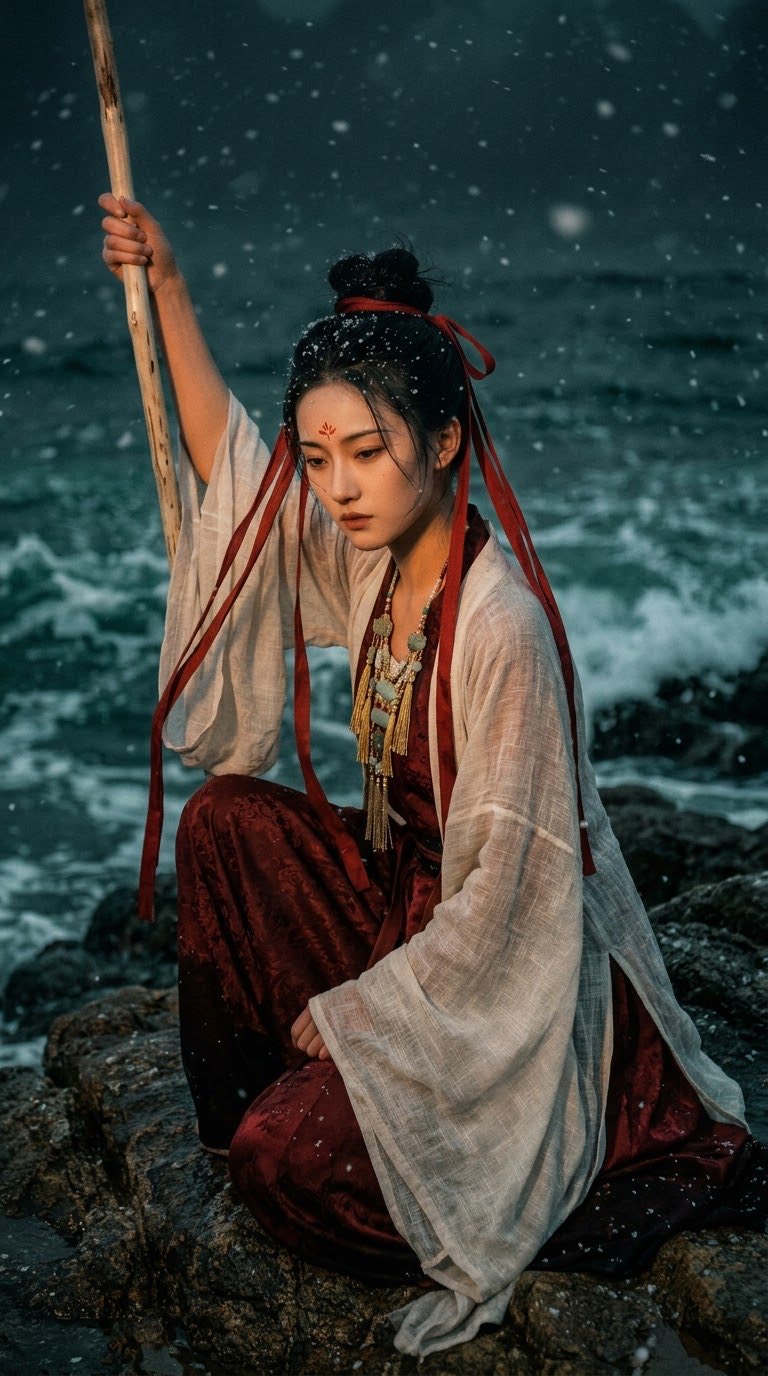 古风武侠电影剧照,9:16竖幅大半身人像,一位清冷的武侠女子,窄长鹅蛋脸型,细长上挑丹凤眼,额头细长红色花钿,高束黑色发