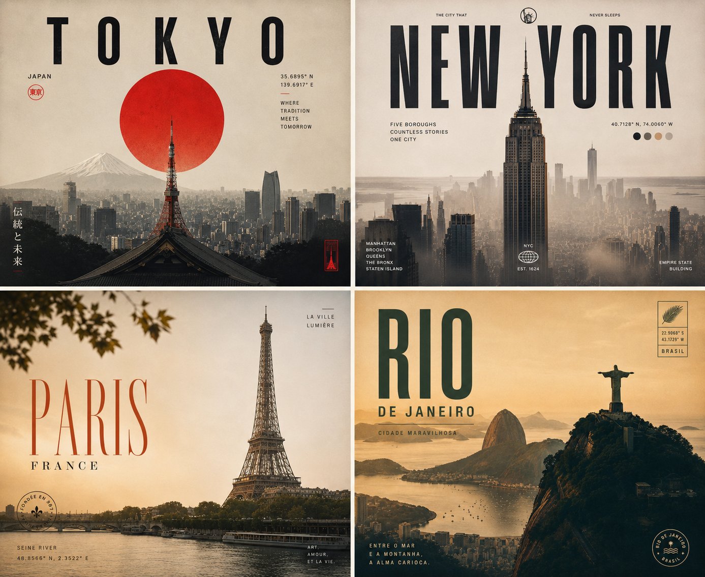 Create a premium 2×2 four-panel travel poster collage using 